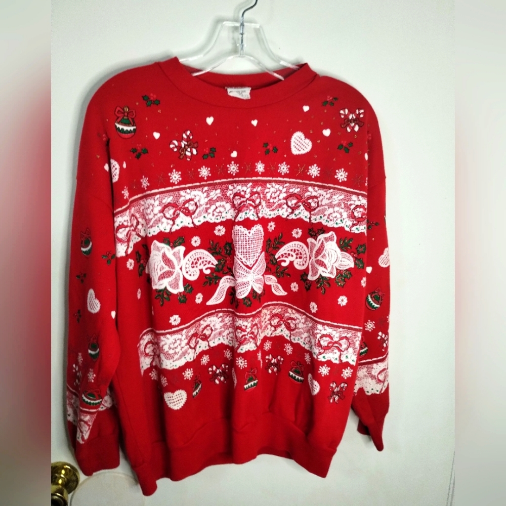 Vintage Land 'n Sea Red and White Christmas Pullover Sweater Women Size Medium